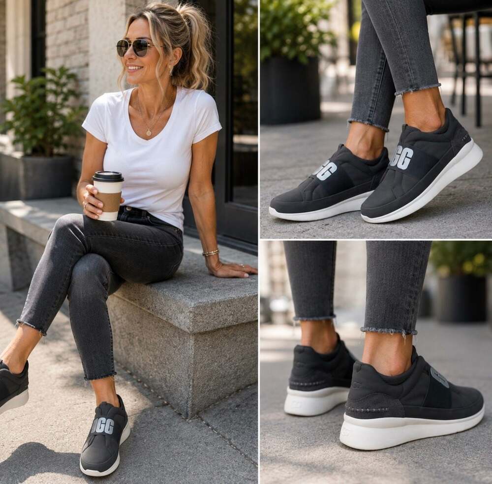 NWOT UGG Neutra Sneakers Women’s 10 Gray Logo Strap Slip On Shoes